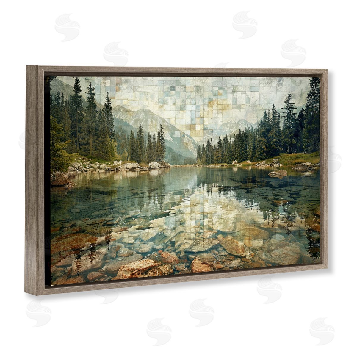 Tiled Mountain Landscape Brown Floating Frame Canvas Wall Art, Home Decor by LSR Design Studio