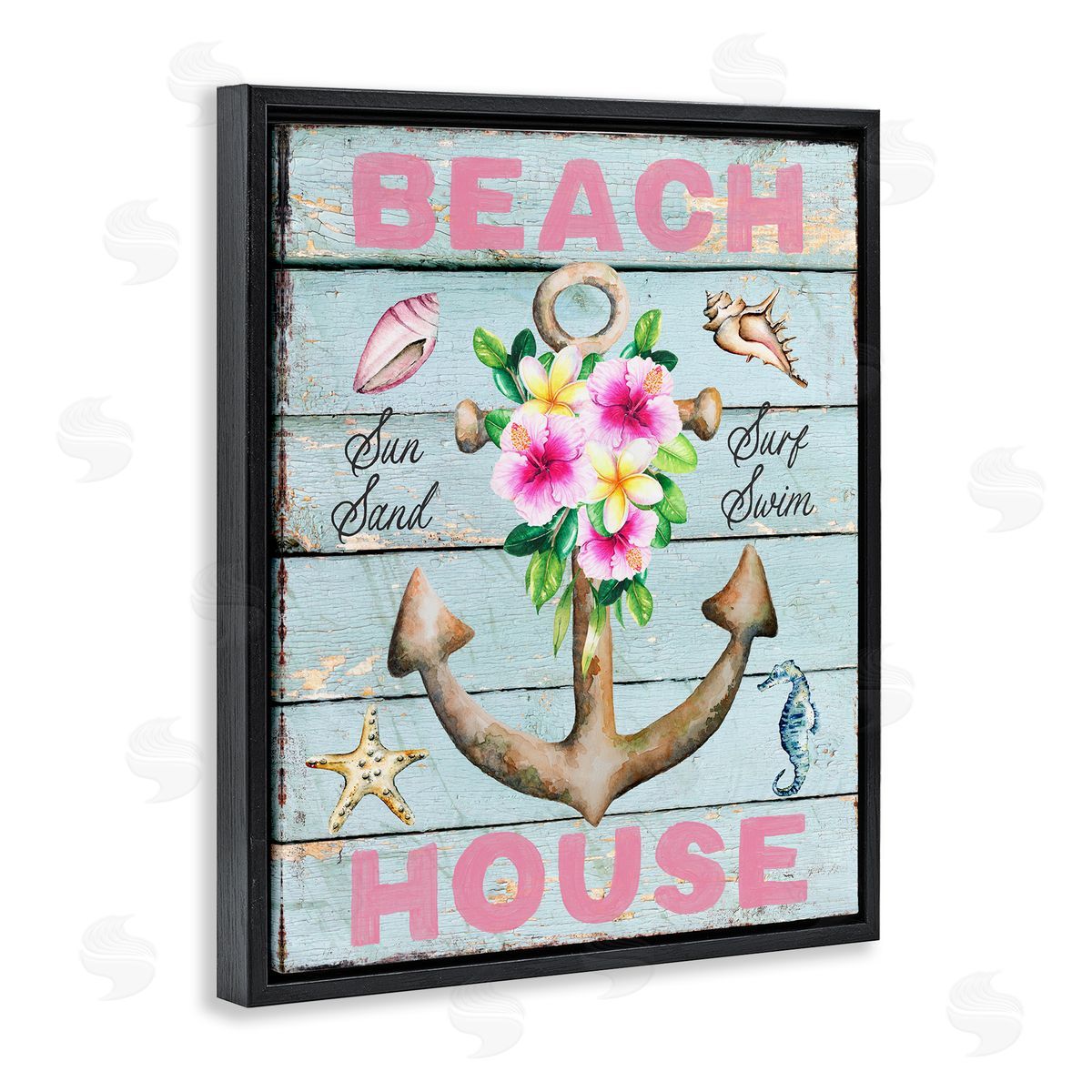 Pink Beach House Rustic Black Floating Frame Canvas Wall Art, Home Decor by Creatif Belle