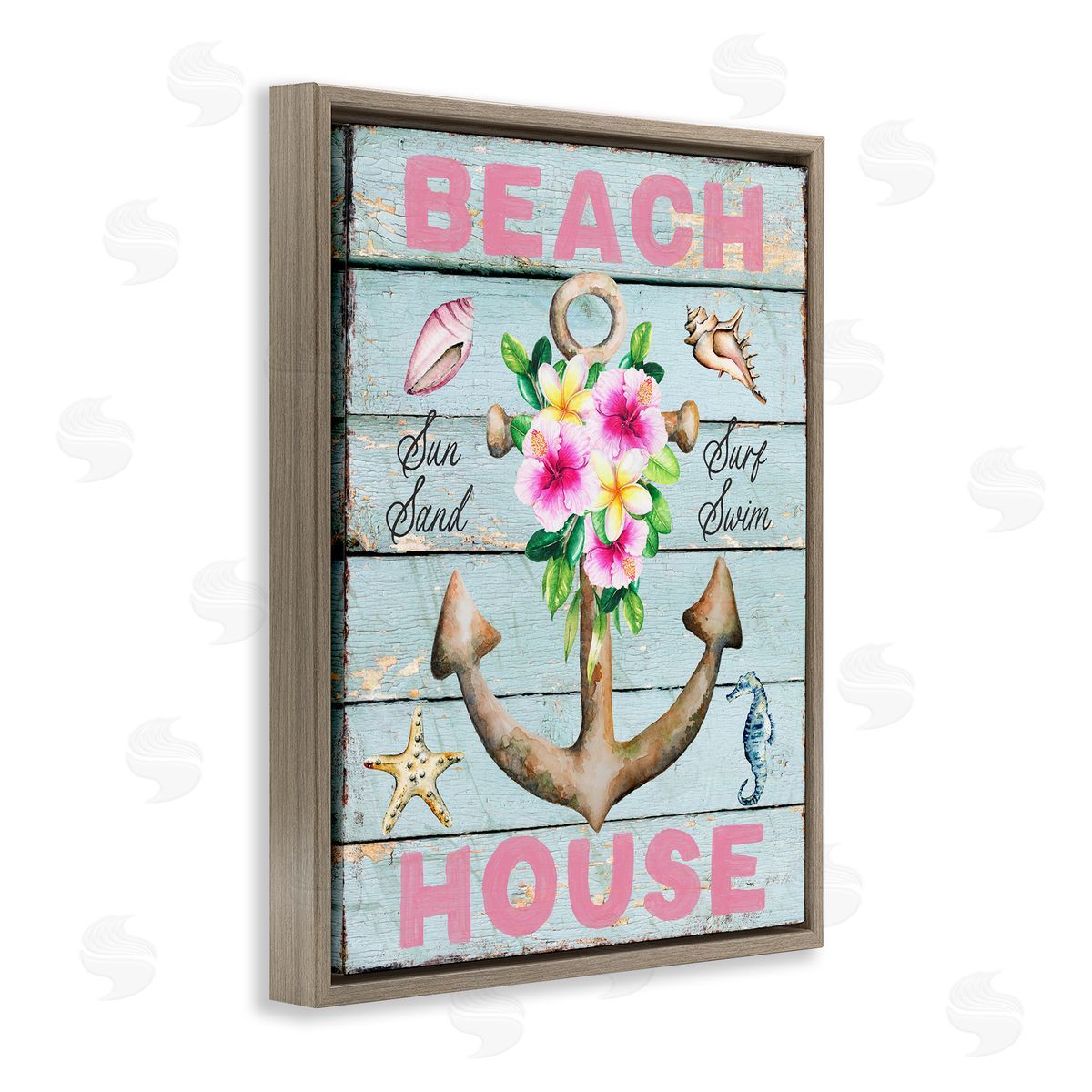 Pink Beach House Rustic Brown Floating Frame Canvas Wall Art, Home Decor by Creatif Belle