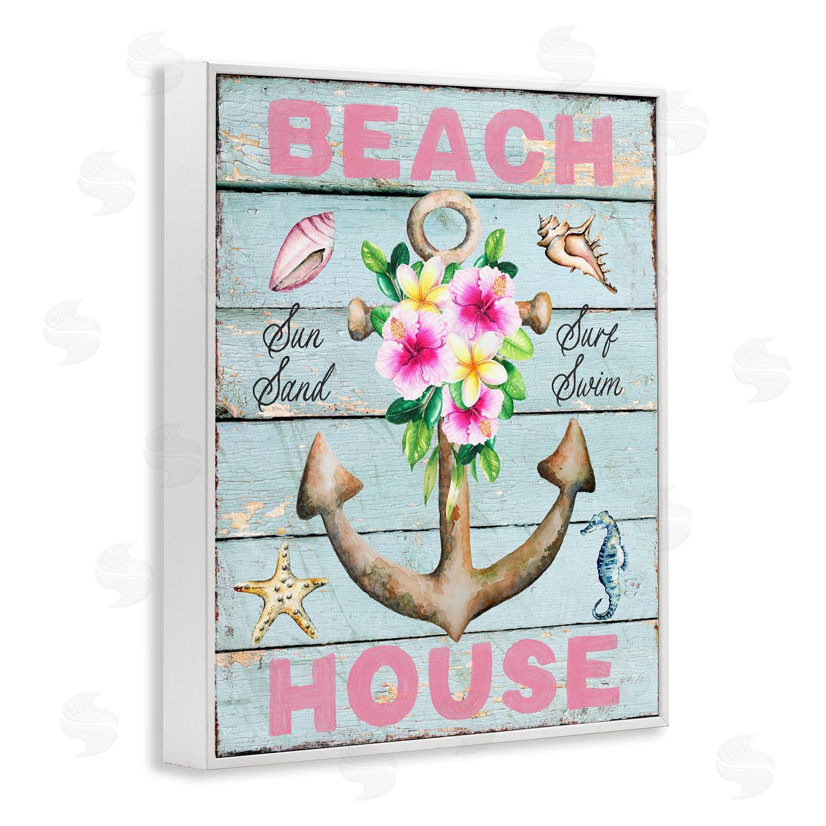 Pink Beach House Rustic White Frame Print Wall Art, Home Decor by Creatif Belle