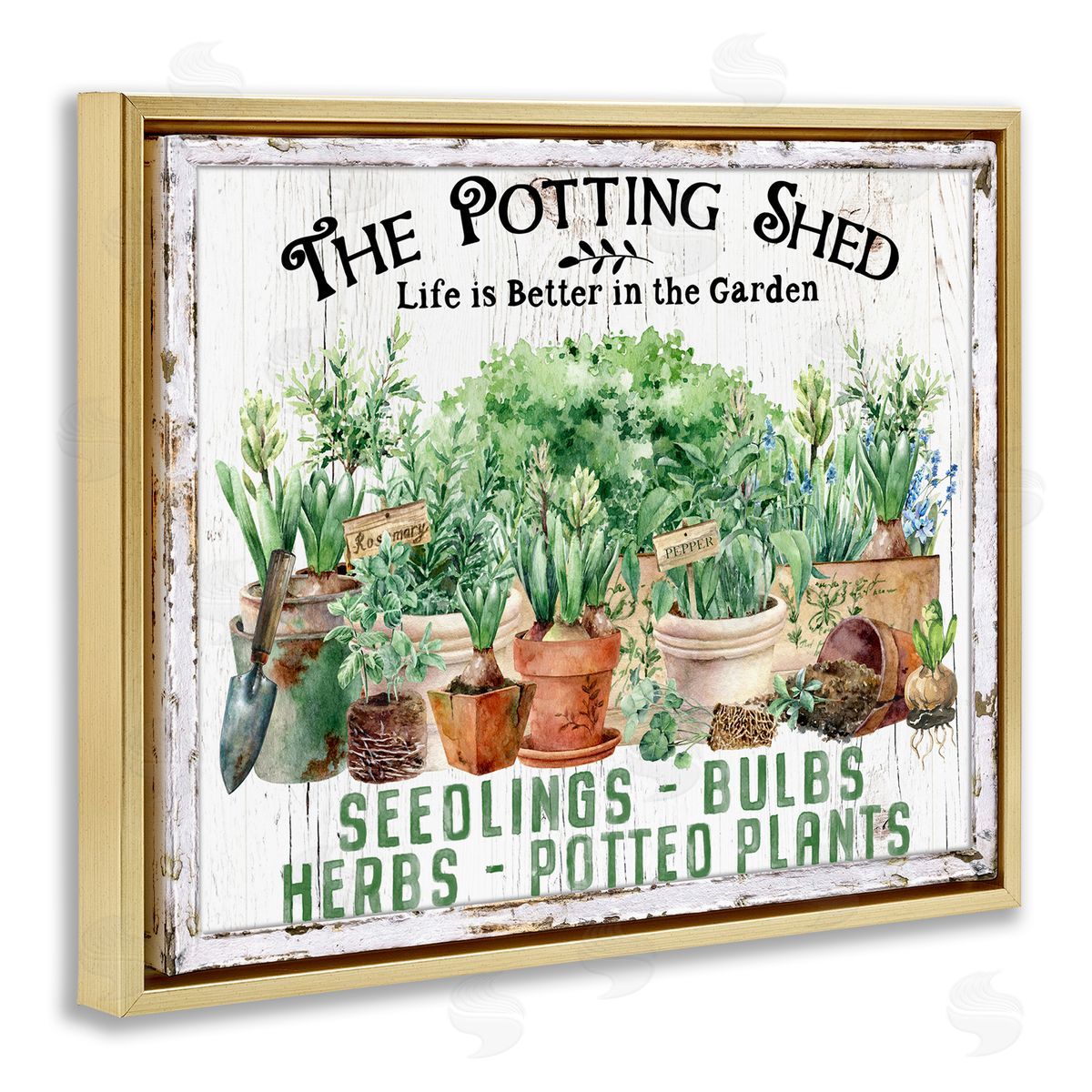 Farmhouse Potting Shed Gold Floating Frame Canvas Wall Art, Home Decor by Creatif Belle
