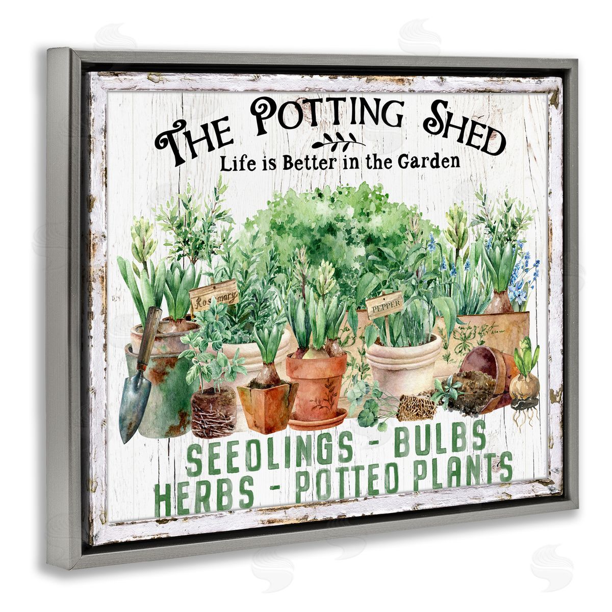 Farmhouse Potting Shed Grey Floating Frame Canvas Wall Art, Home Decor by Creatif Belle