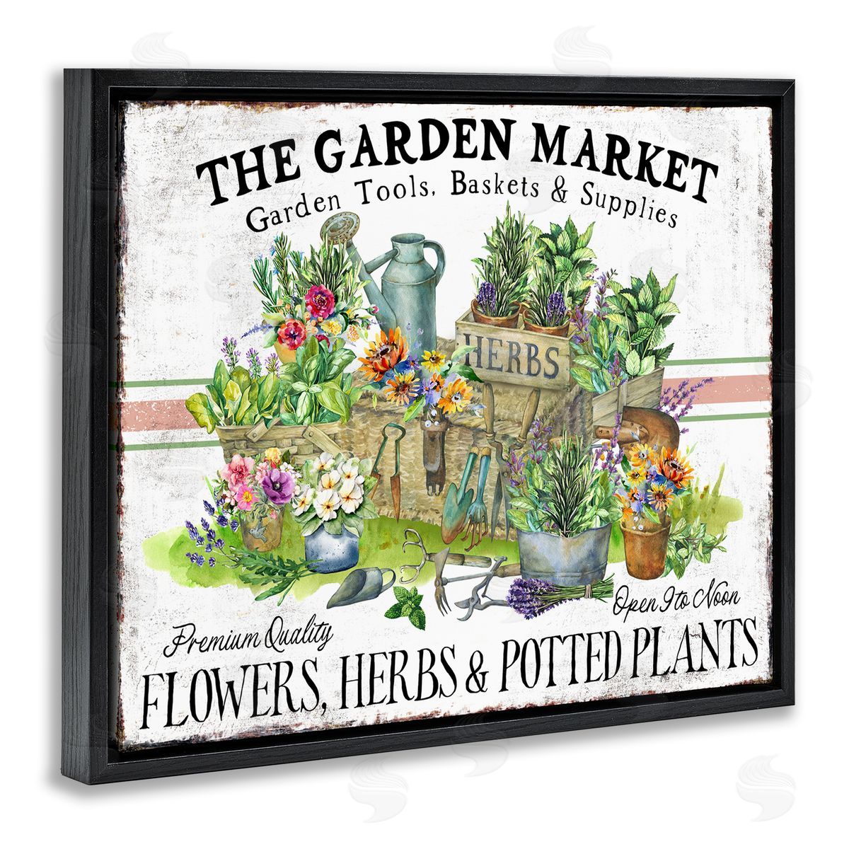 Garden Market Bistro Stripe Black Floating Frame Canvas Wall Art, Home Decor by Creatif Belle