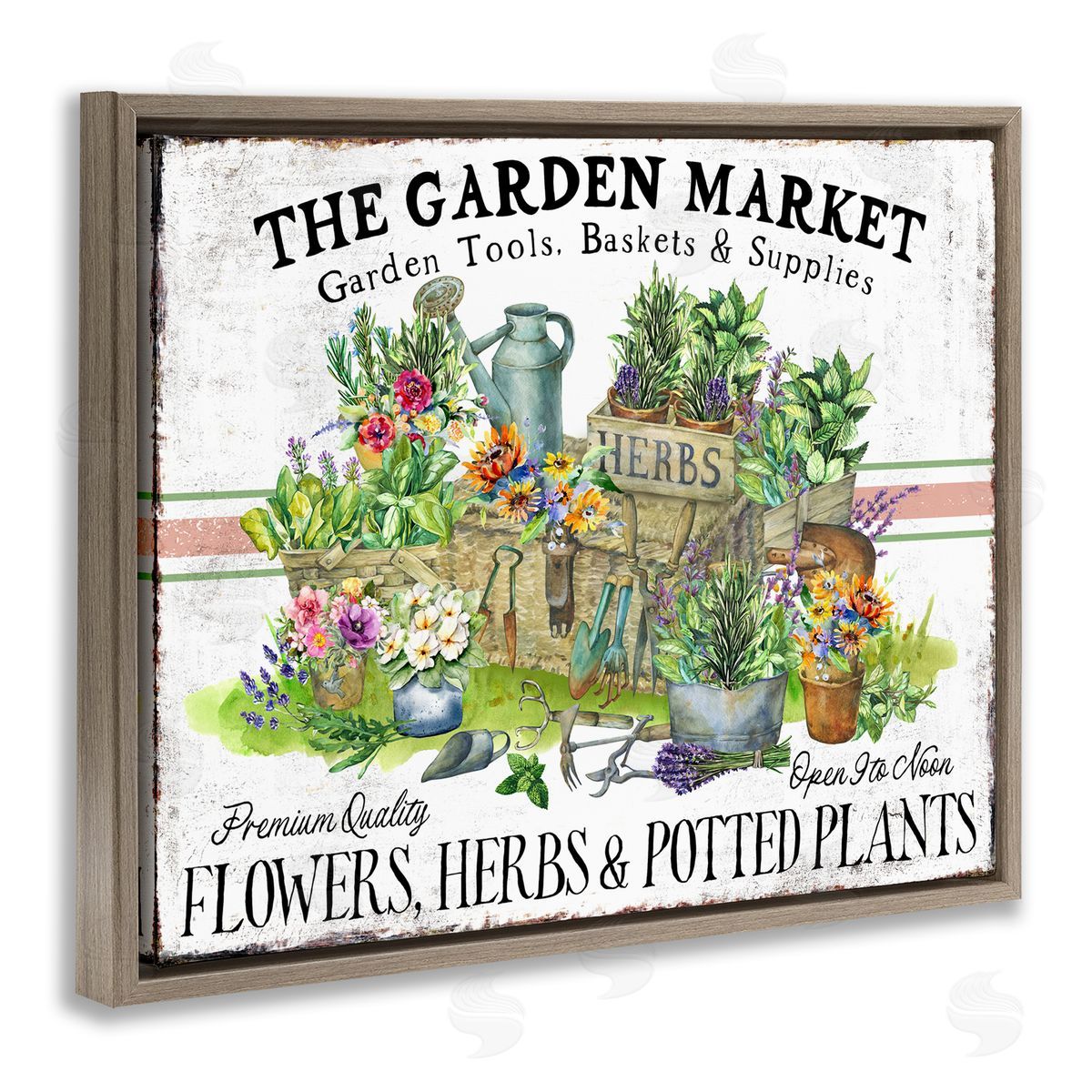 Garden Market Bistro Stripe Brown Floating Frame Canvas Wall Art, Home Decor by Creatif Belle