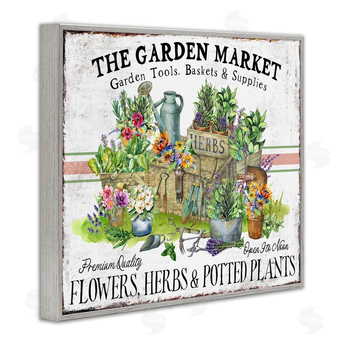 Garden Market Bistro Stripe Grey Frame Print Wall Art, Home Decor by Creatif Belle