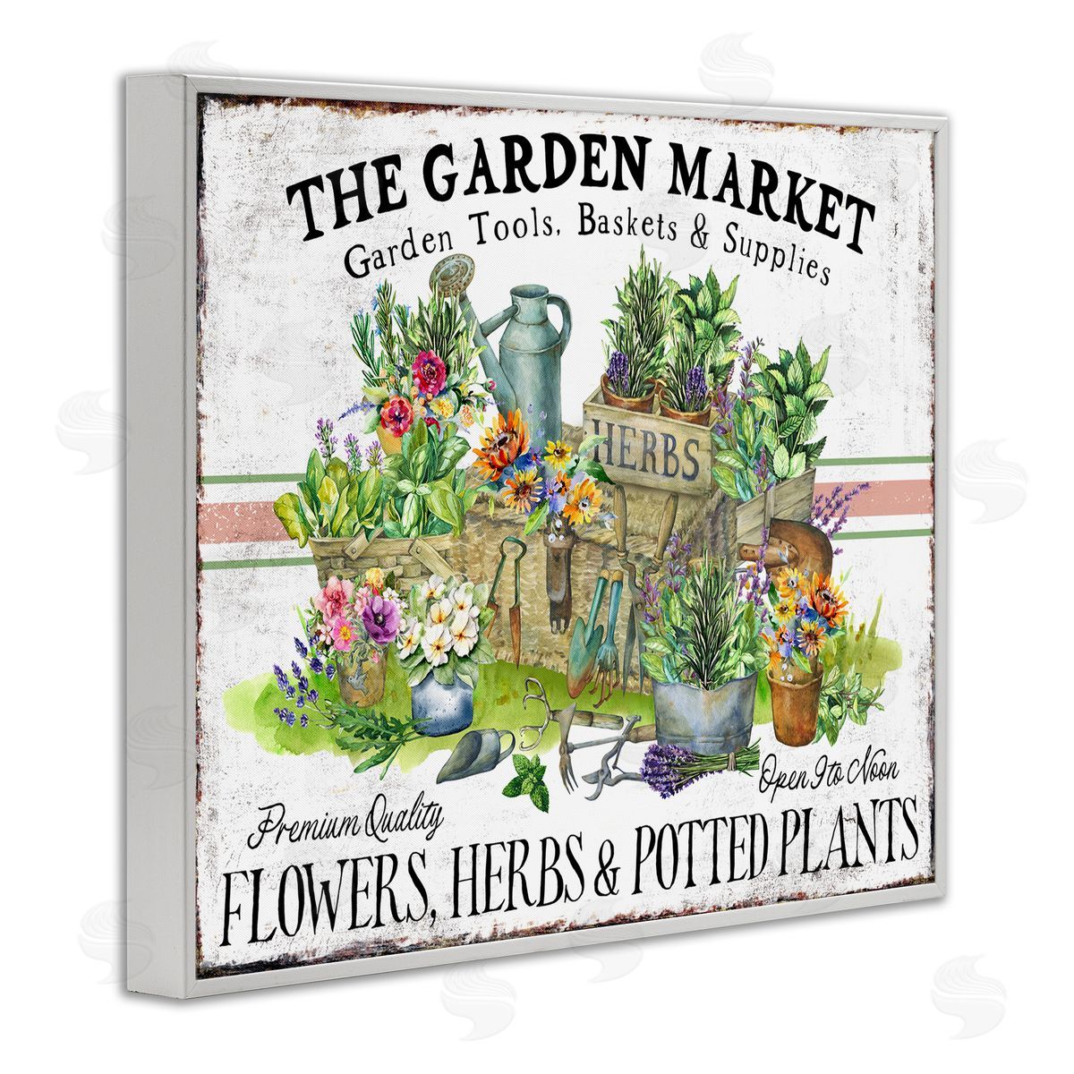 Garden Market Bistro Stripe White Frame Print Wall Art, Home Decor by Creatif Belle