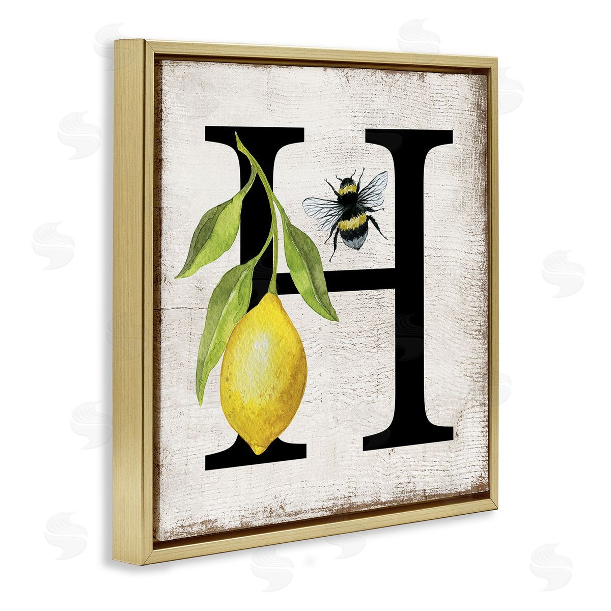 Lemon & Bee H Letter Gold Floating Frame Canvas Wall Art, Home Decor by Creatif Belle