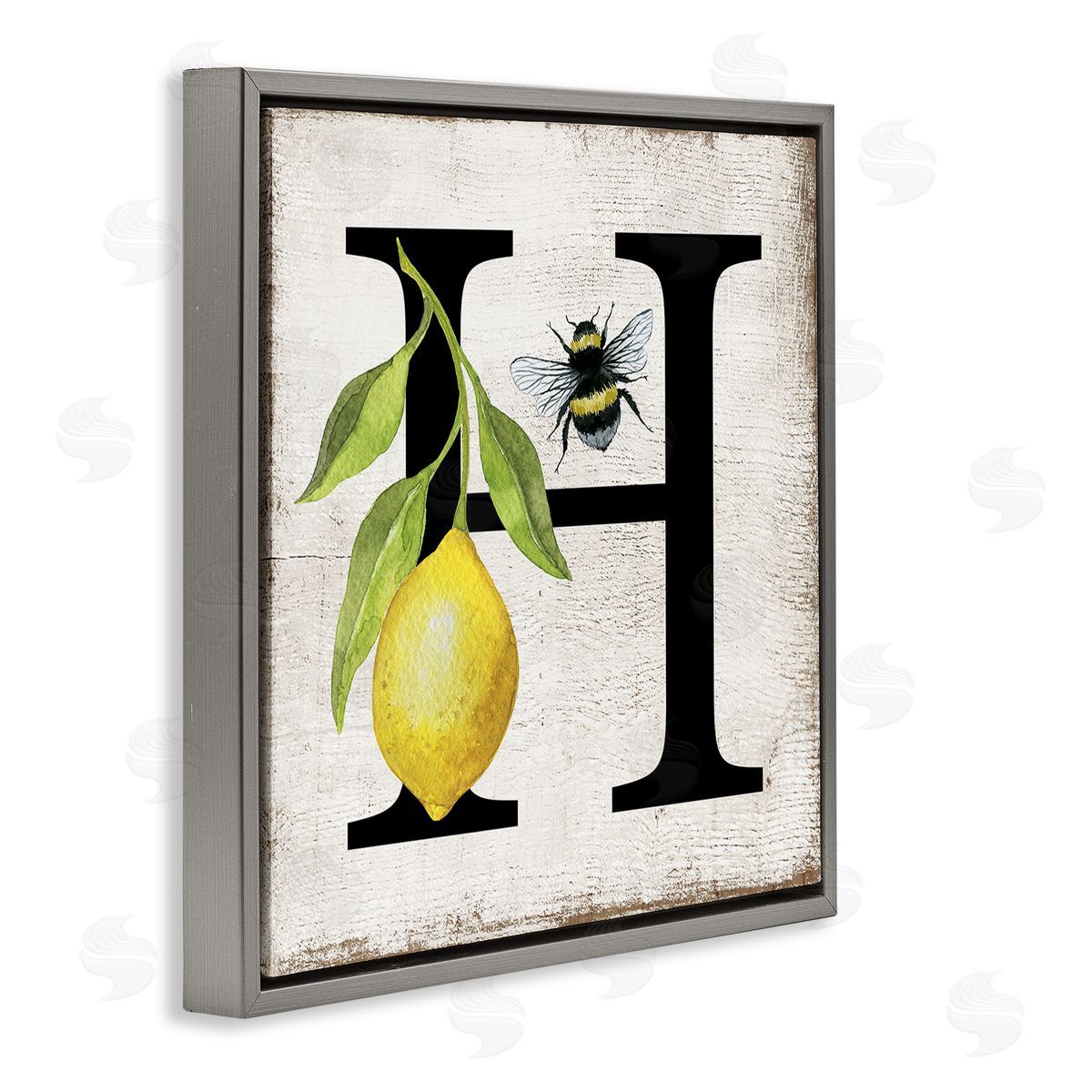 Lemon & Bee H Letter Grey Floating Frame Canvas Wall Art, Home Decor by Creatif Belle