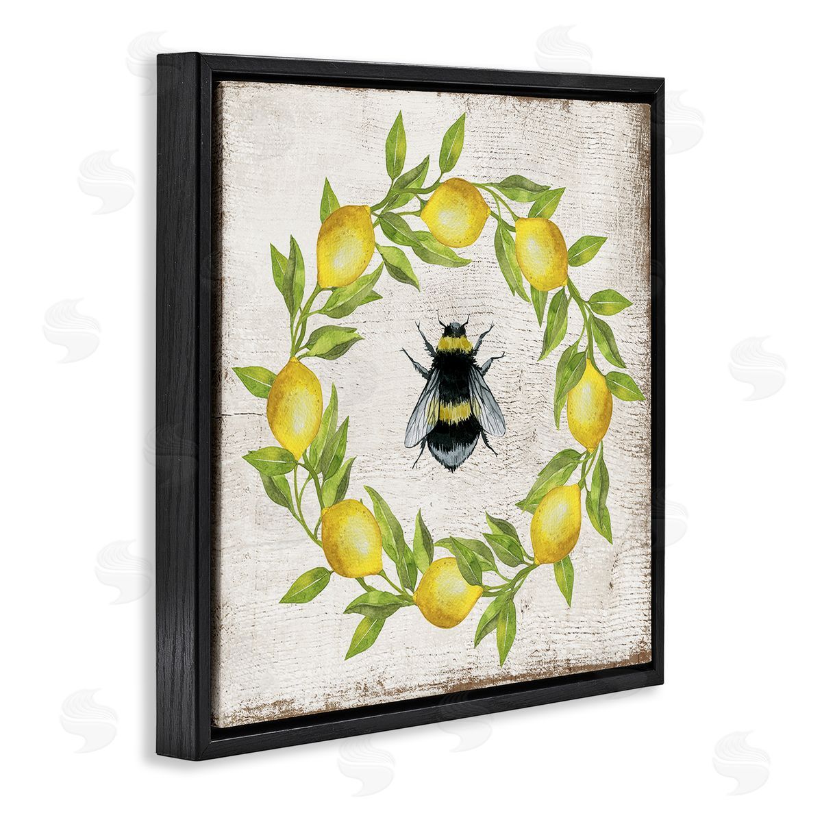 Lemon & Bee Wreath Black Floating Frame Canvas Wall Art, Home Decor by Creatif Belle
