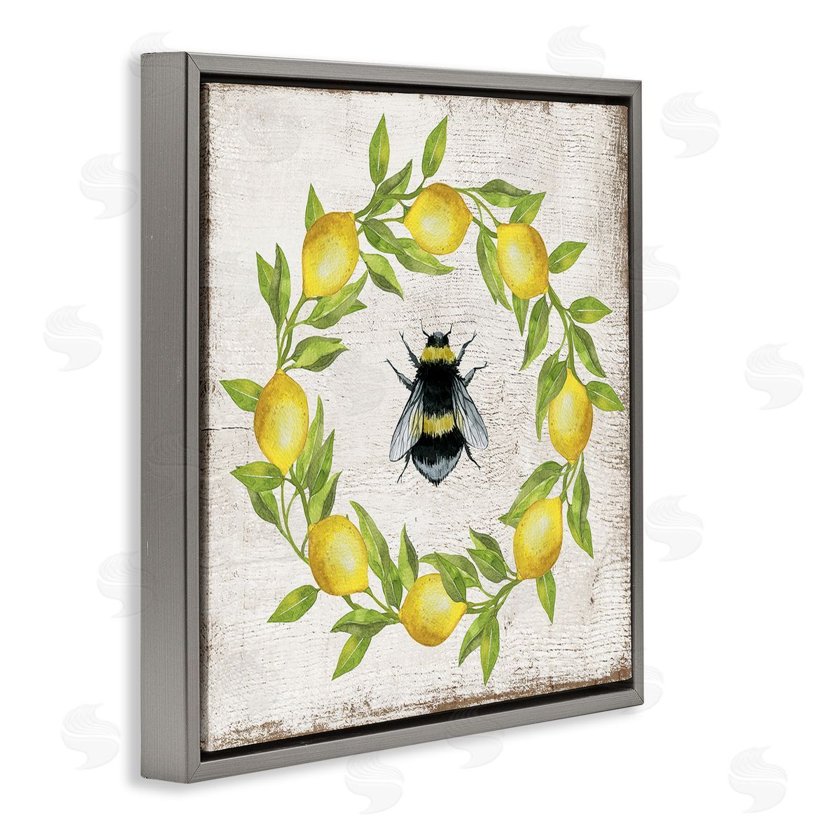 Lemon & Bee Wreath Grey Floating Frame Canvas Wall Art, Home Decor by Creatif Belle