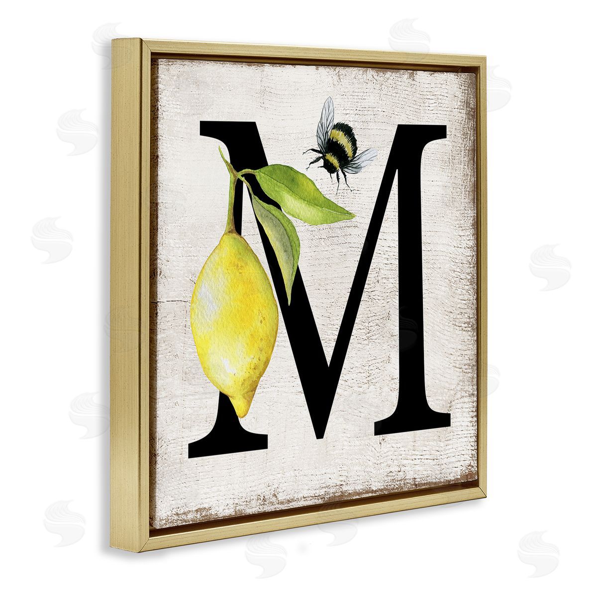 Lemon & Bee M Letter Gold Floating Frame Canvas Wall Art, Home Decor by Creatif Belle