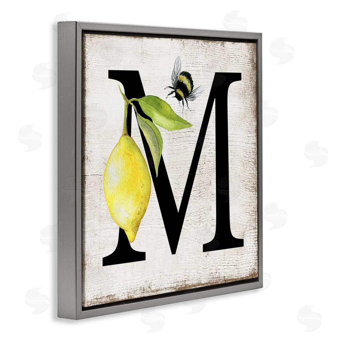 Lemon & Bee M Letter Grey Floating Frame Canvas Wall Art, Home Decor by Creatif Belle