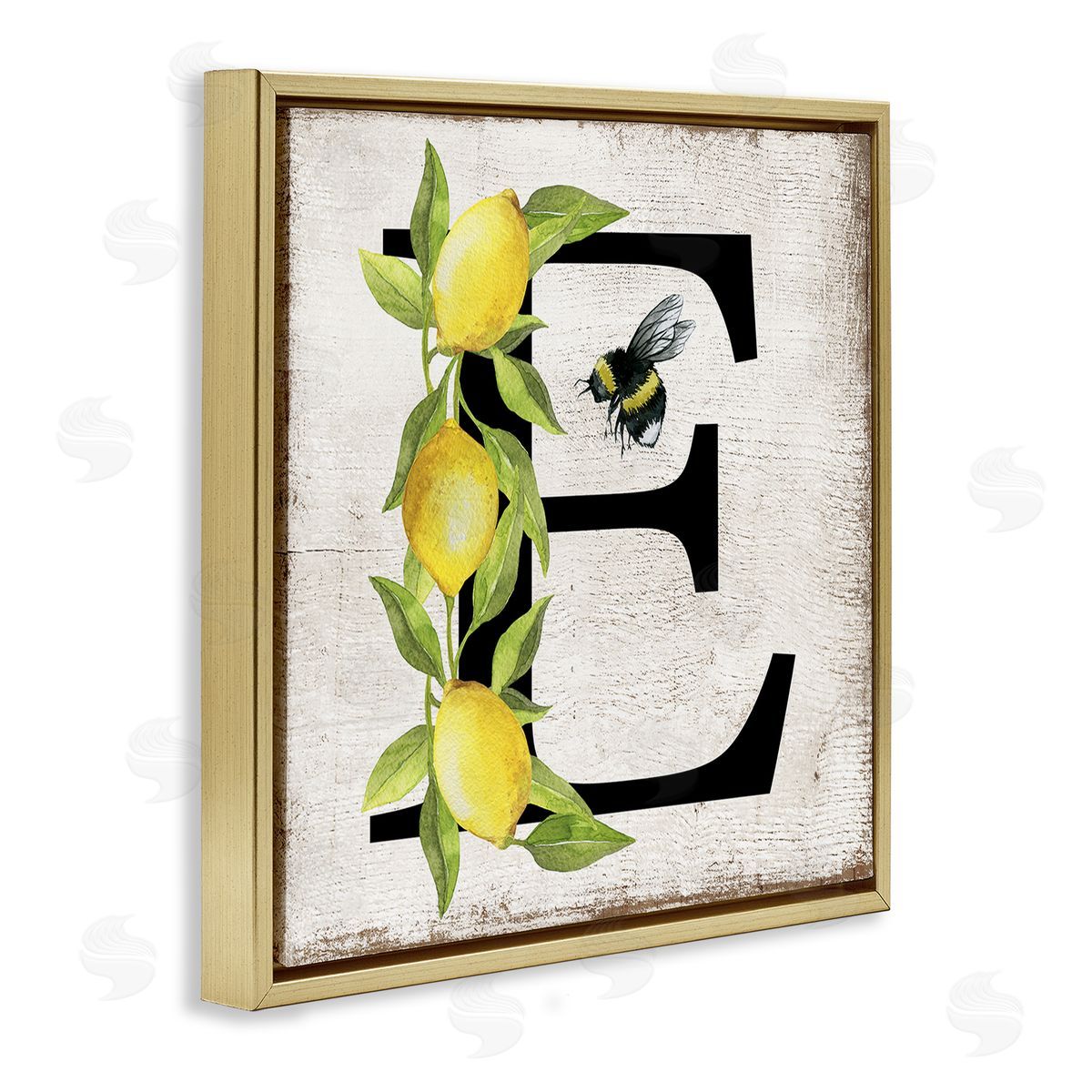 Lemon & Bee E Letter Gold Floating Frame Canvas Wall Art, Home Decor by Creatif Belle