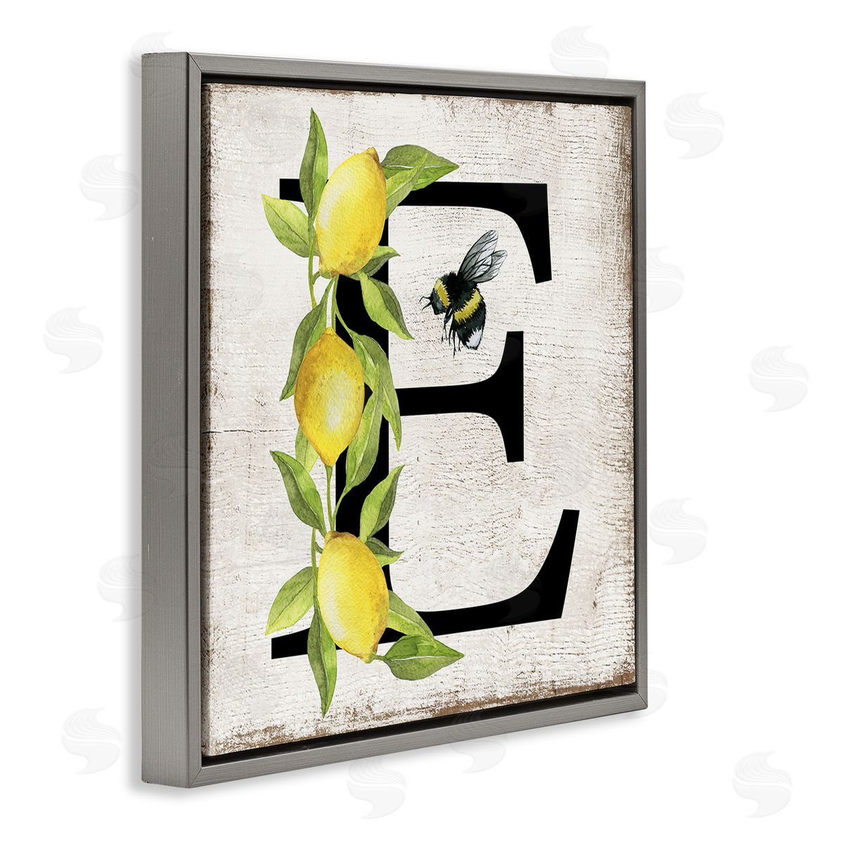 Lemon & Bee E Letter Grey Floating Frame Canvas Wall Art, Home Decor by Creatif Belle
