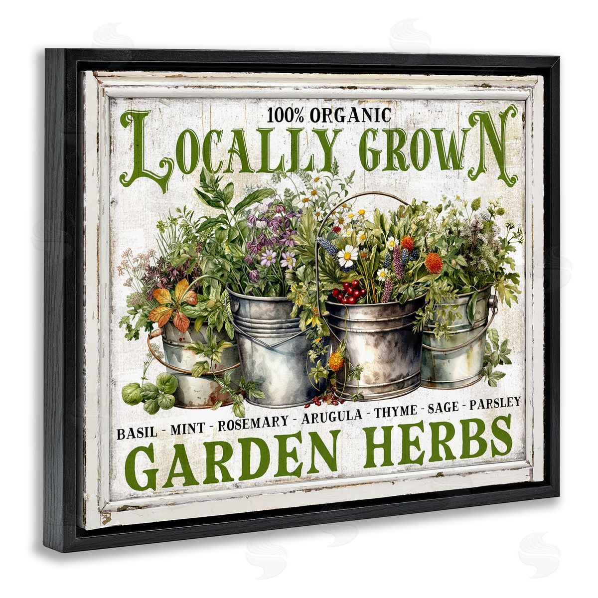 Vintage Herbs in Buckets Black Floating Frame Canvas Wall Art, Home Decor by Creatif Belle