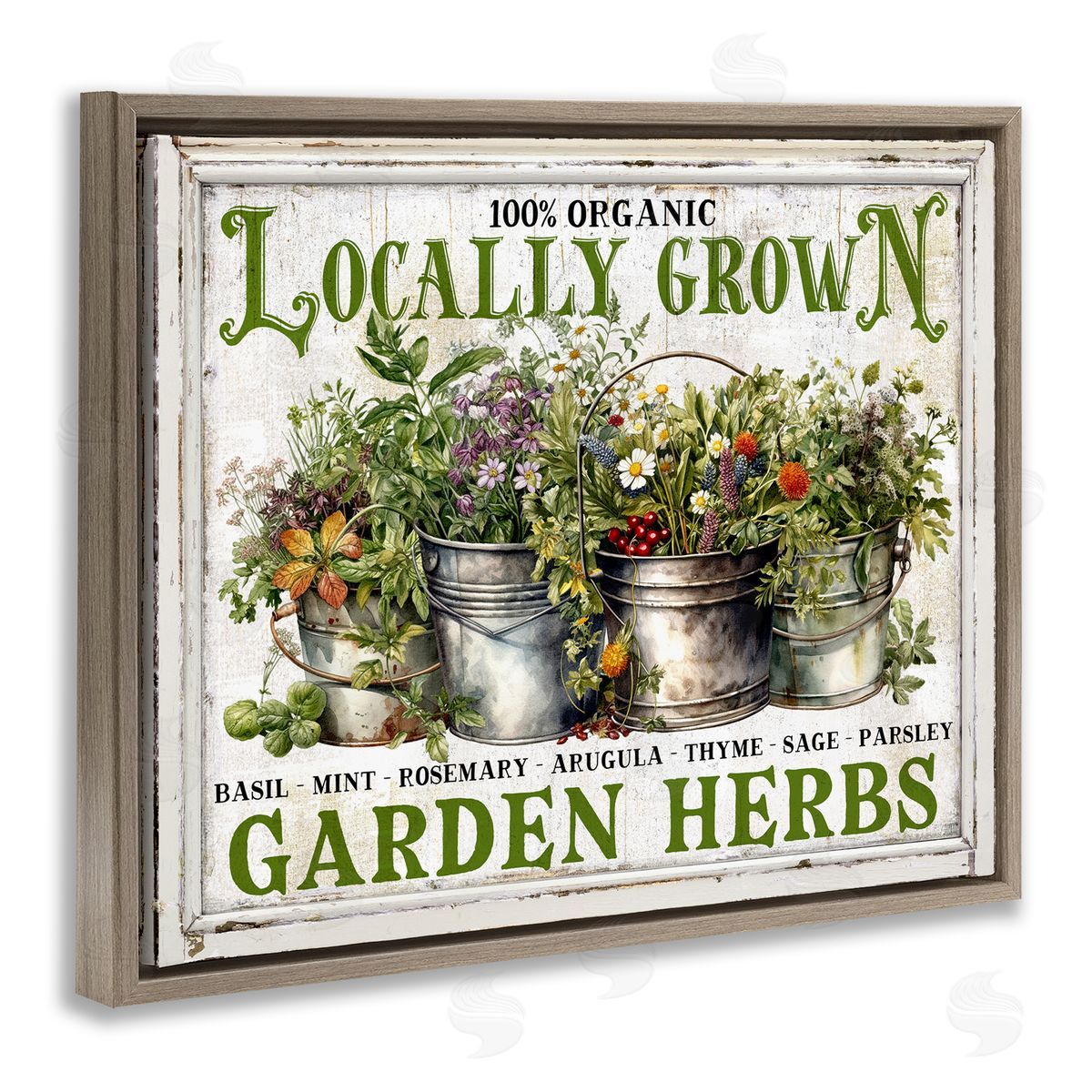 Vintage Herbs in Buckets Brown Floating Frame Canvas Wall Art, Home Decor by Creatif Belle