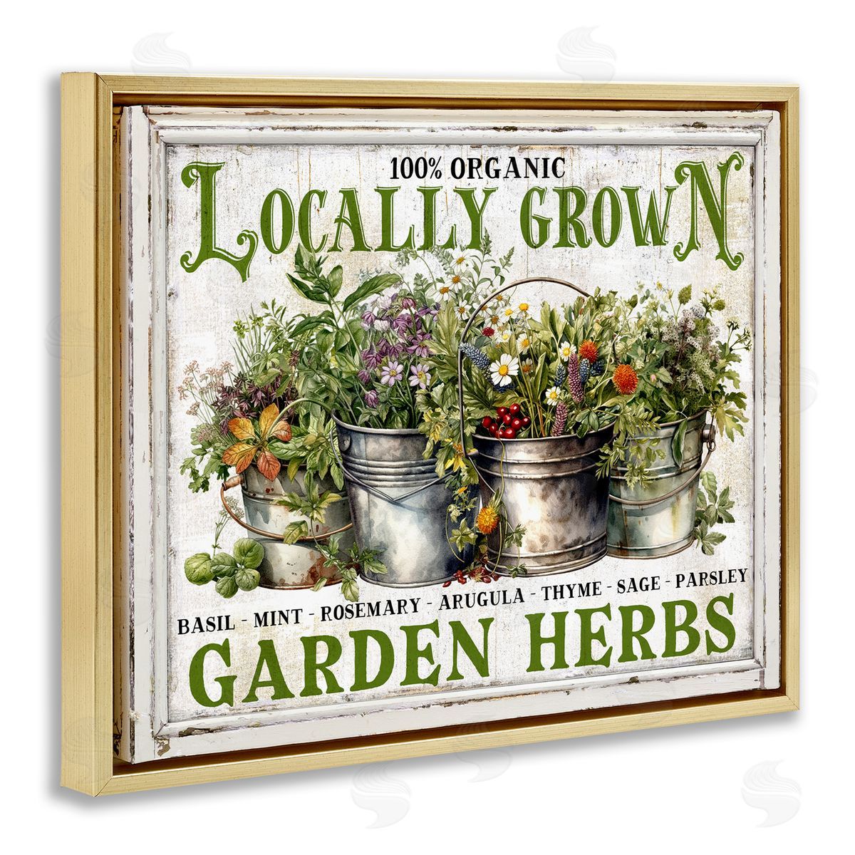 Vintage Herbs in Buckets Gold Floating Frame Canvas Wall Art, Home Decor by Creatif Belle