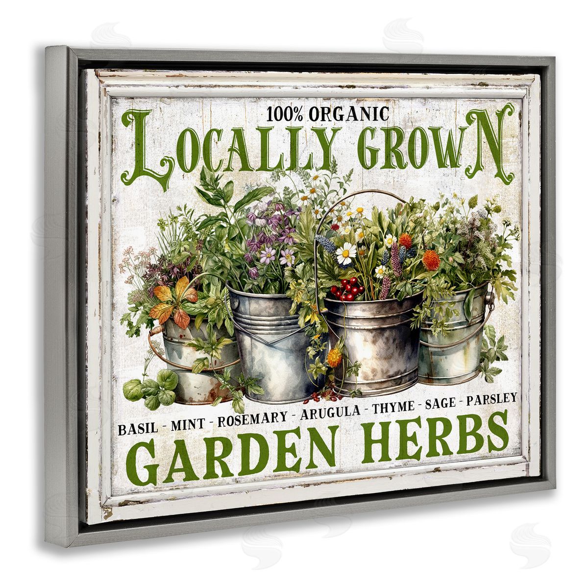Vintage Herbs in Buckets Grey Floating Frame Canvas Wall Art, Home Decor by Creatif Belle