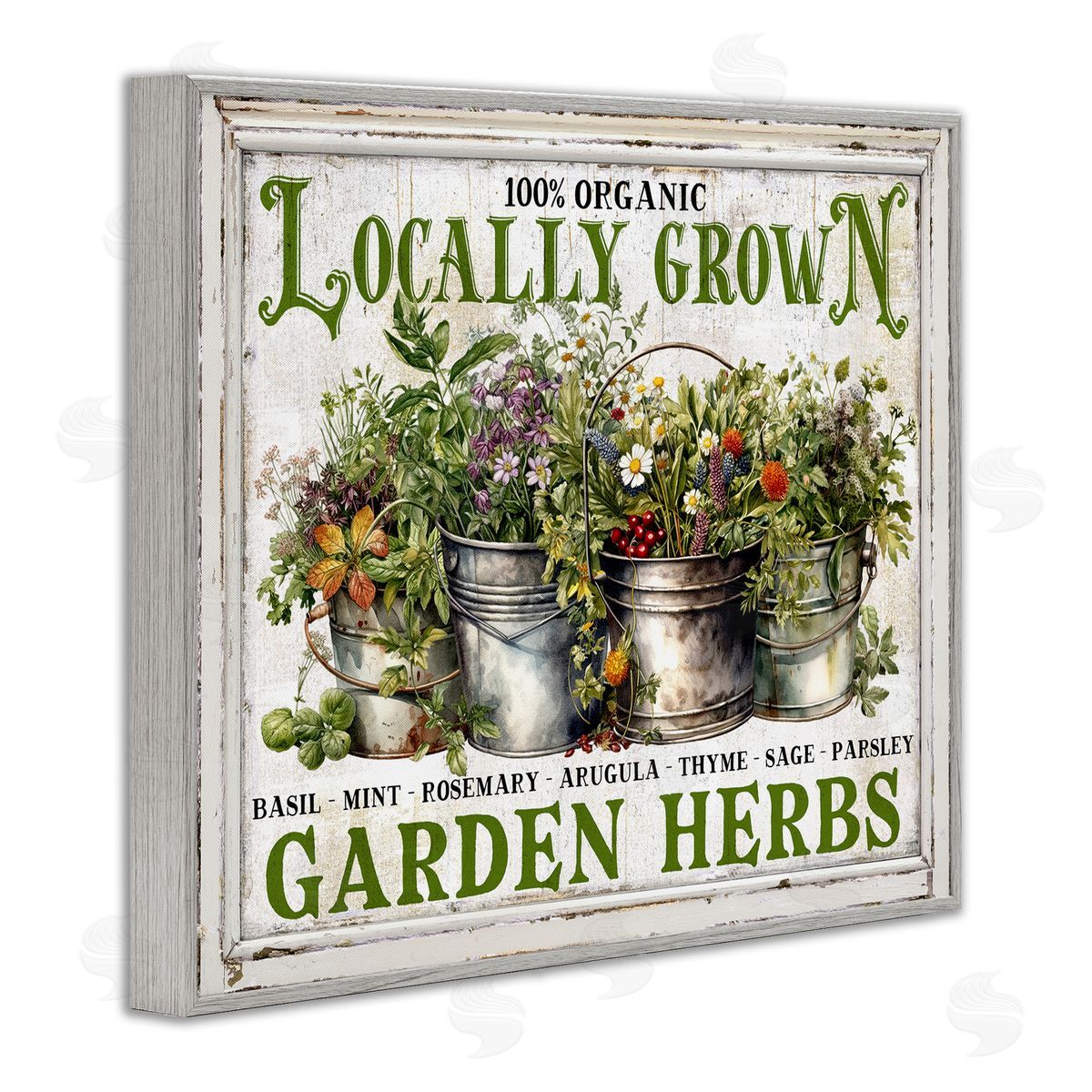 Vintage Herbs in Buckets Grey Frame Print Wall Art, Home Decor by Creatif Belle