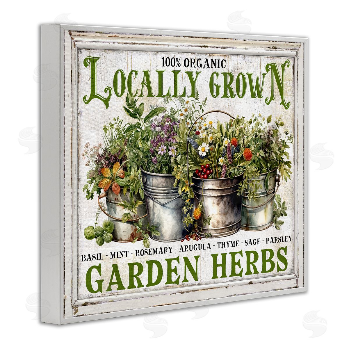 Vintage Herbs in Buckets White Frame Print Wall Art, Home Decor by Creatif Belle