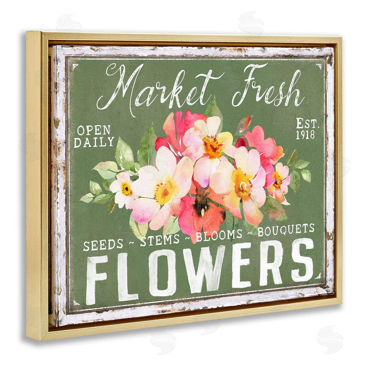Antique Market Fresh Flowers Gold Floating Frame Canvas Wall Art, Home Decor by Creatif Belle