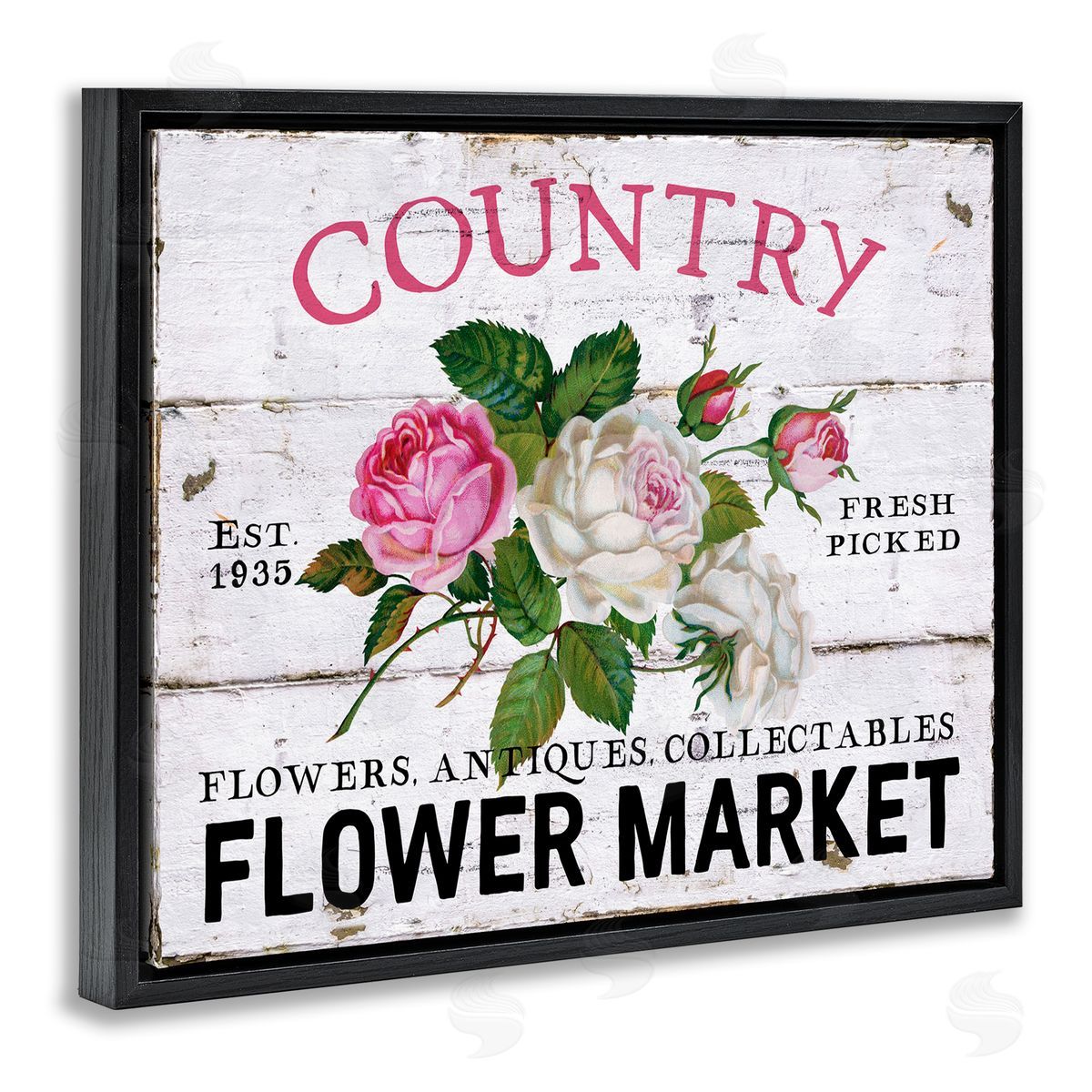 Pink Country Flower Market Black Floating Frame Canvas Wall Art, Home Decor by Creatif Belle