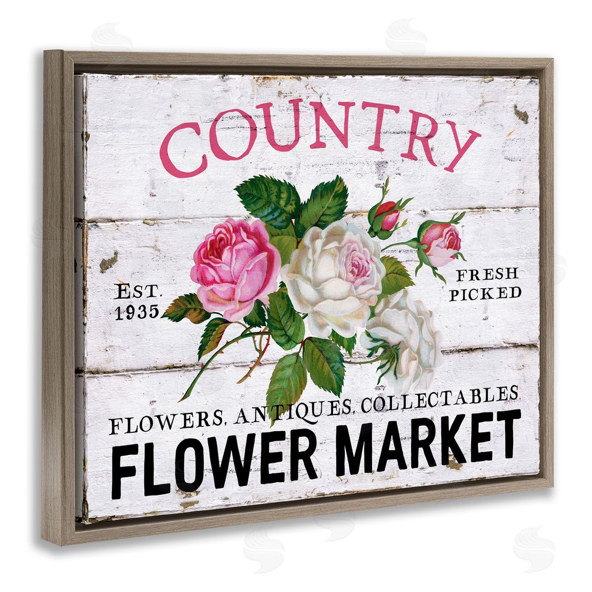 Pink Country Flower Market Brown Floating Frame Canvas Wall Art, Home Decor by Creatif Belle