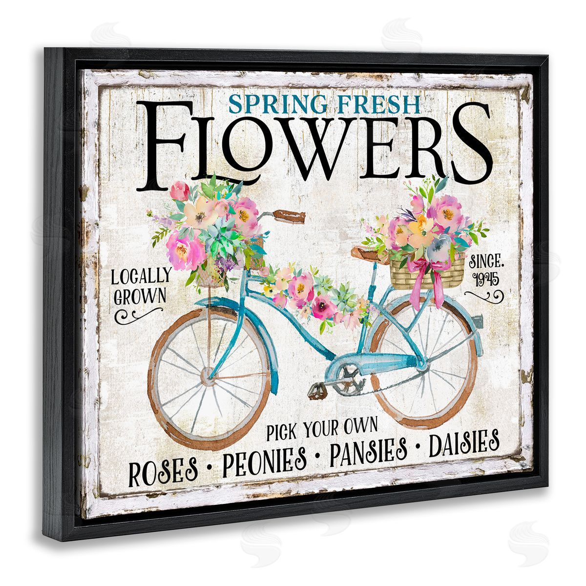 Spring Fresh Flowers & Bike Black Floating Frame Canvas Wall Art, Home Decor by Creatif Belle