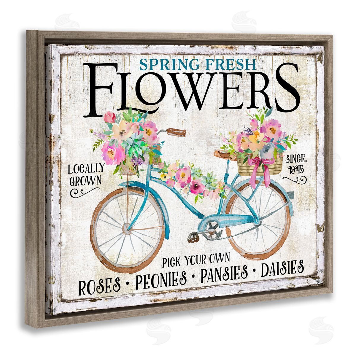 Spring Fresh Flowers & Bike Brown Floating Frame Canvas Wall Art, Home Decor by Creatif Belle