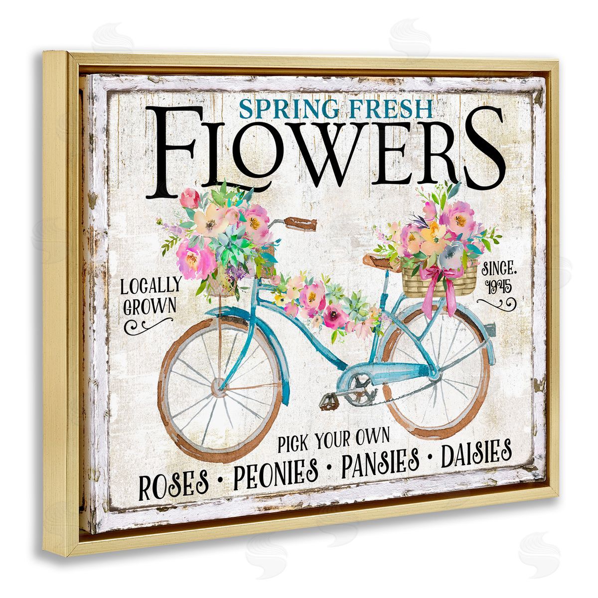 Spring Fresh Flowers & Bike Gold Floating Frame Canvas Wall Art, Home Decor by Creatif Belle