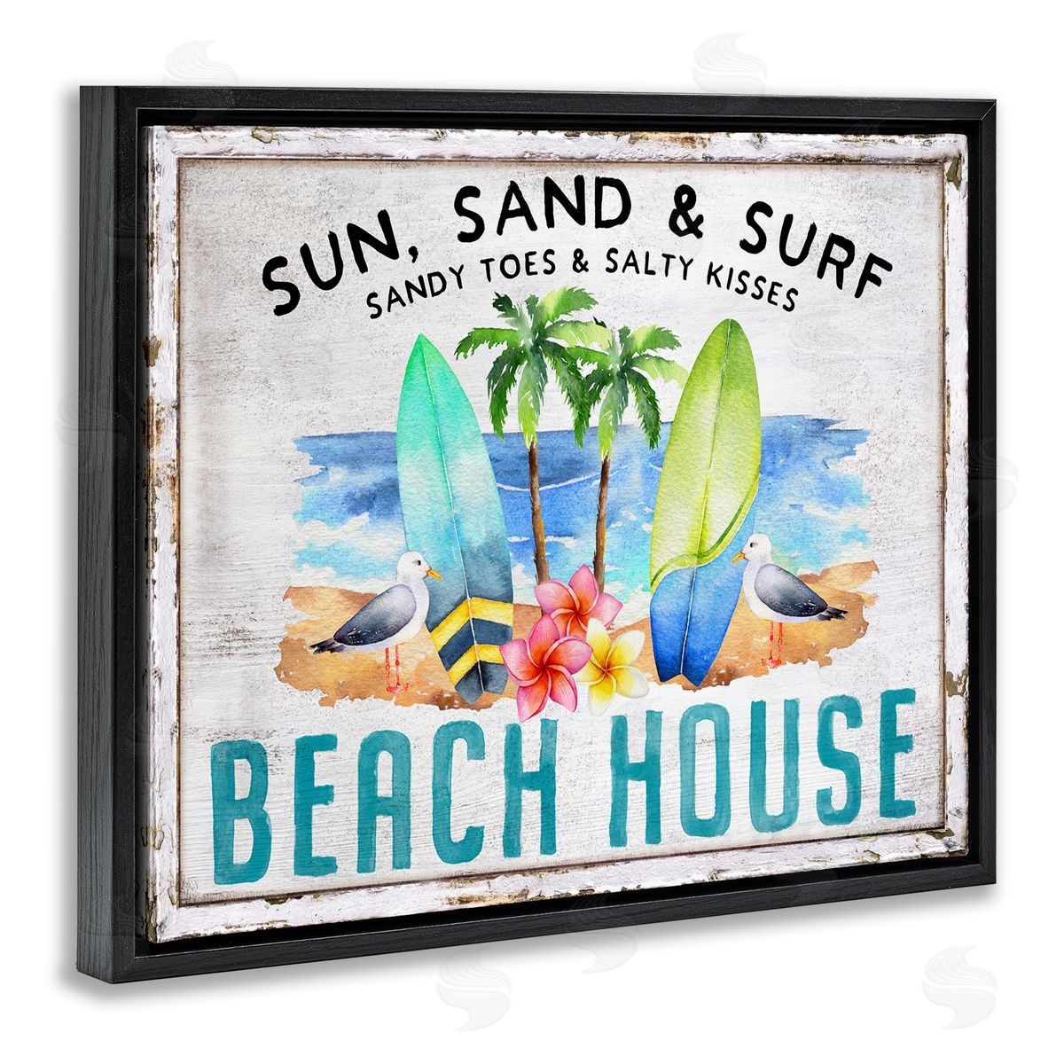 Vintage Sun Sand & Surf Black Floating Frame Canvas Wall Art, Home Decor by Creatif Belle