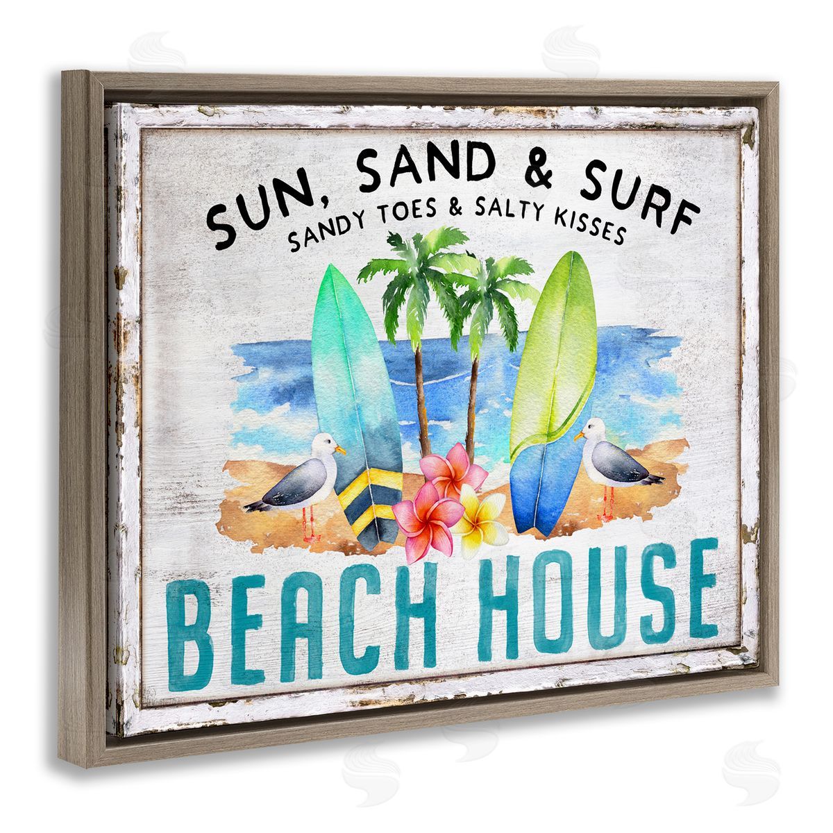 Vintage Sun Sand & Surf Brown Floating Frame Canvas Wall Art, Home Decor by Creatif Belle