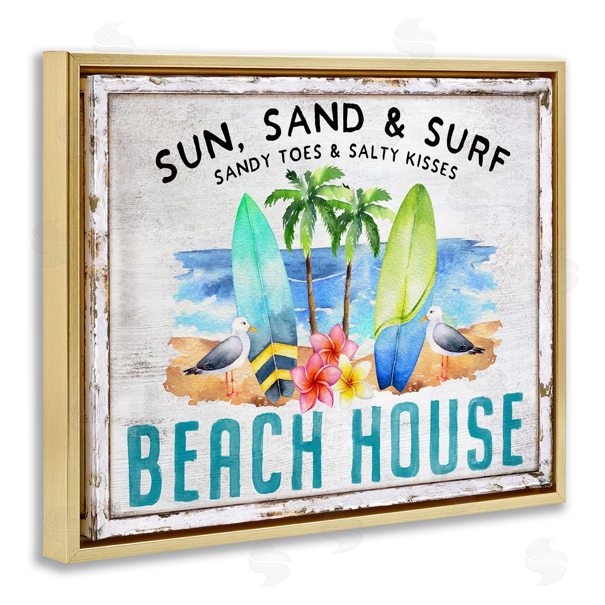 Vintage Sun Sand & Surf Gold Floating Frame Canvas Wall Art, Home Decor by Creatif Belle