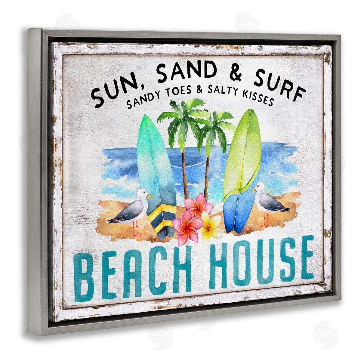 Vintage Sun Sand & Surf Grey Floating Frame Canvas Wall Art, Home Decor by Creatif Belle