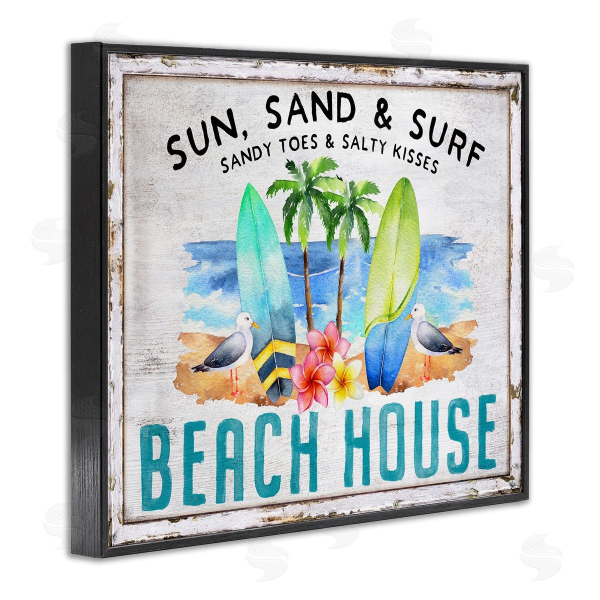 Vintage Sun Sand & Surf Black Frame Print Wall Art, Home Decor by Creatif Belle