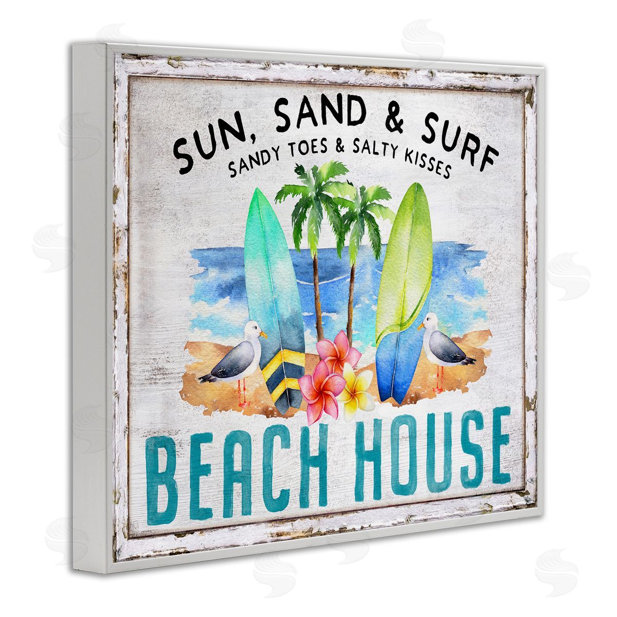 Vintage Sun Sand & Surf White Frame Print Wall Art, Home Decor by Creatif Belle