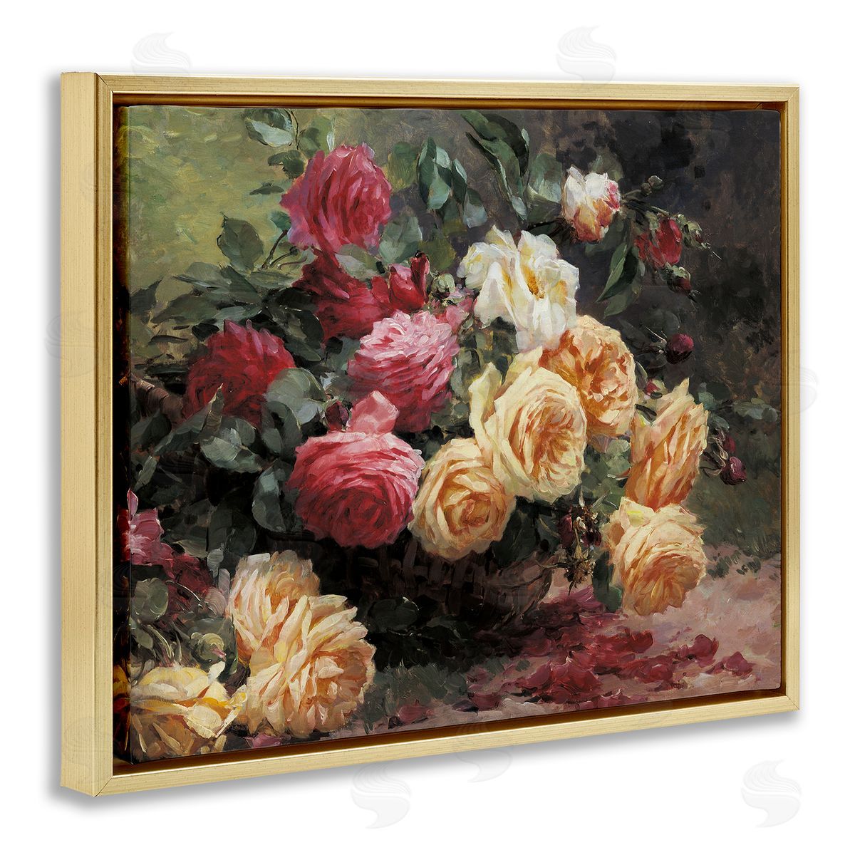 Vintages Roses Still Life Gold Floating Frame Canvas Wall Art, Home Decor by Albert-Tibulle Furcy de Lavault