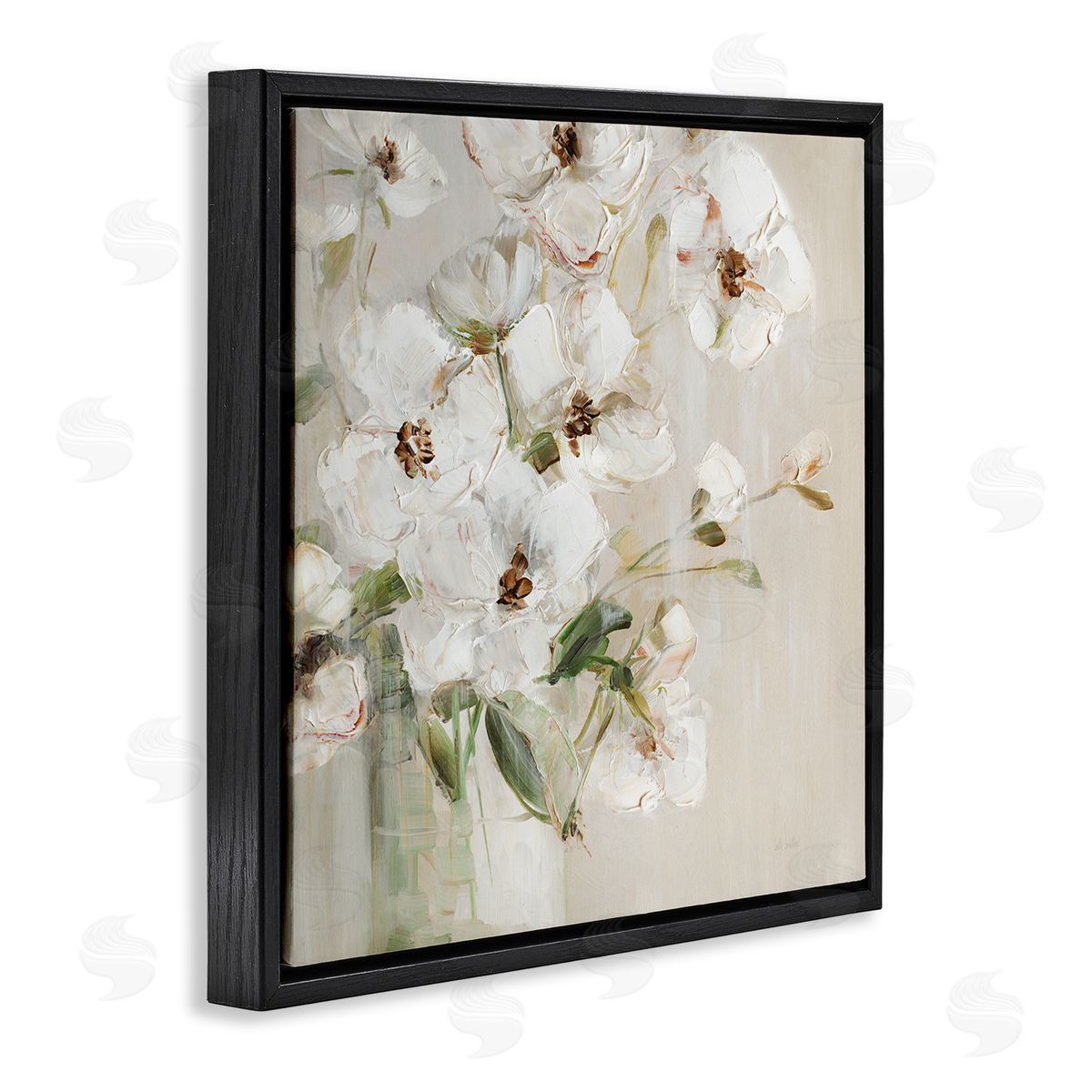 Simple Blossoms on Beige Black Floating Frame Canvas Wall Art, Home Decor by Sally Swatland