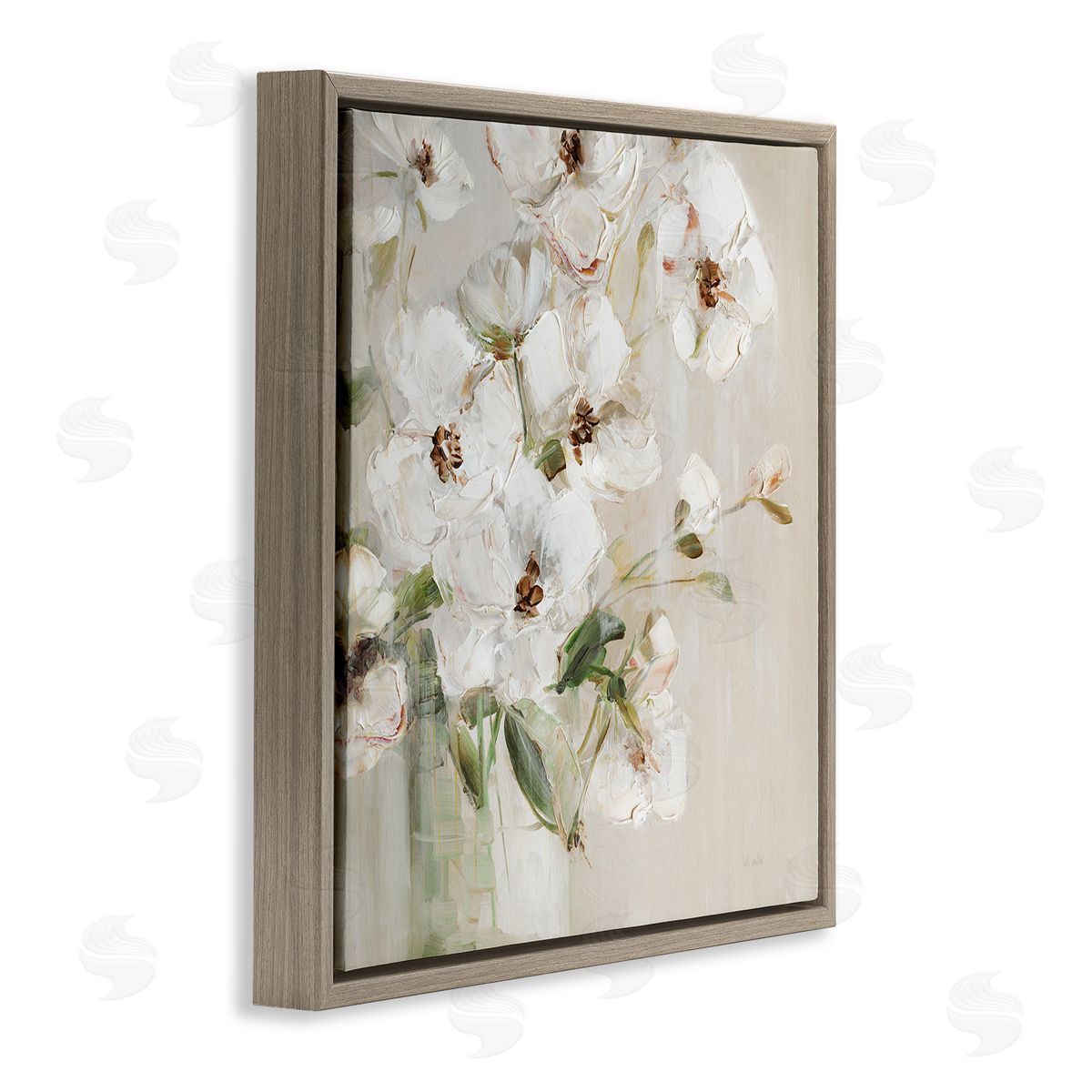 Simple Blossoms on Beige Brown Floating Frame Canvas Wall Art, Home Decor by Sally Swatland