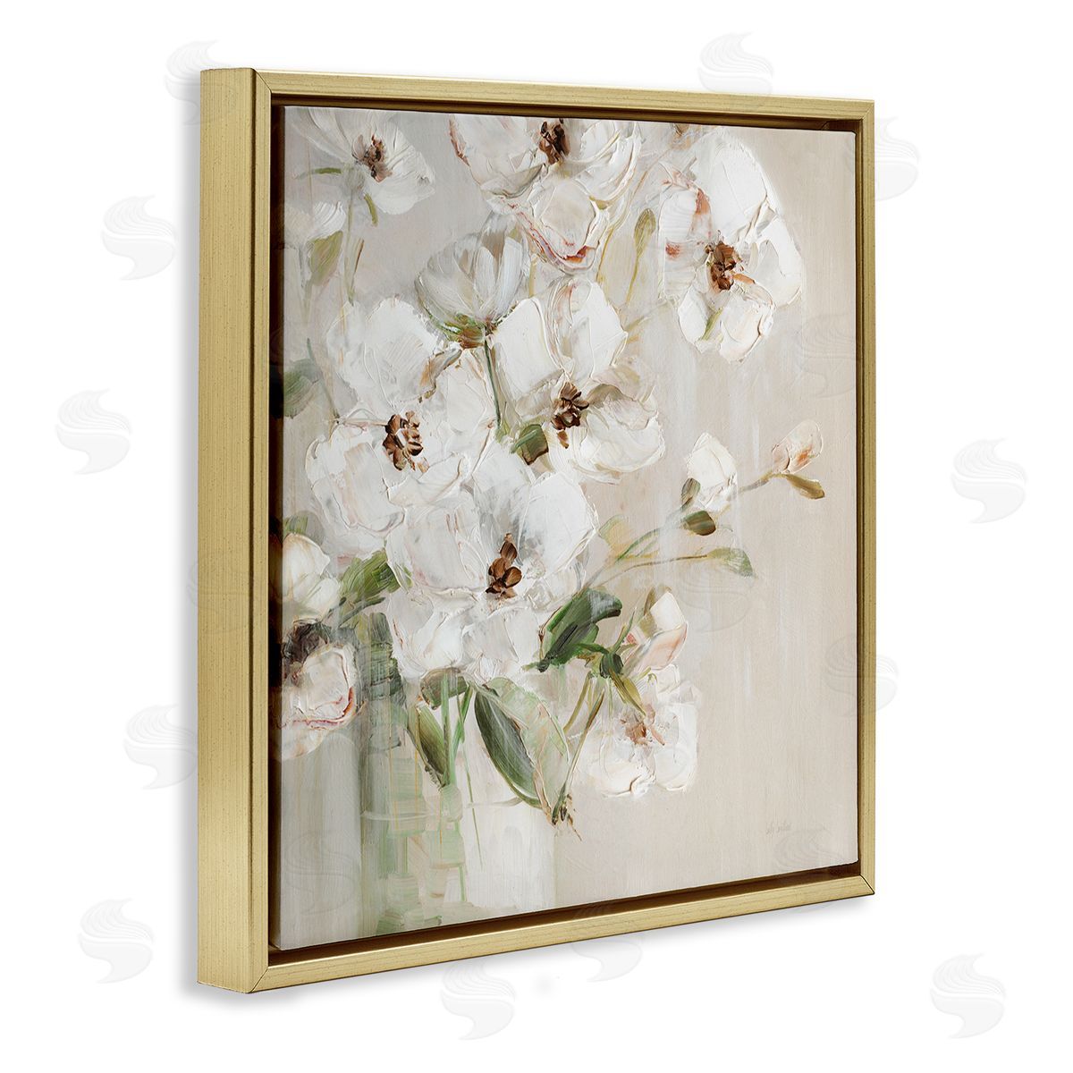 Simple Blossoms on Beige Gold Floating Frame Canvas Wall Art, Home Decor by Sally Swatland