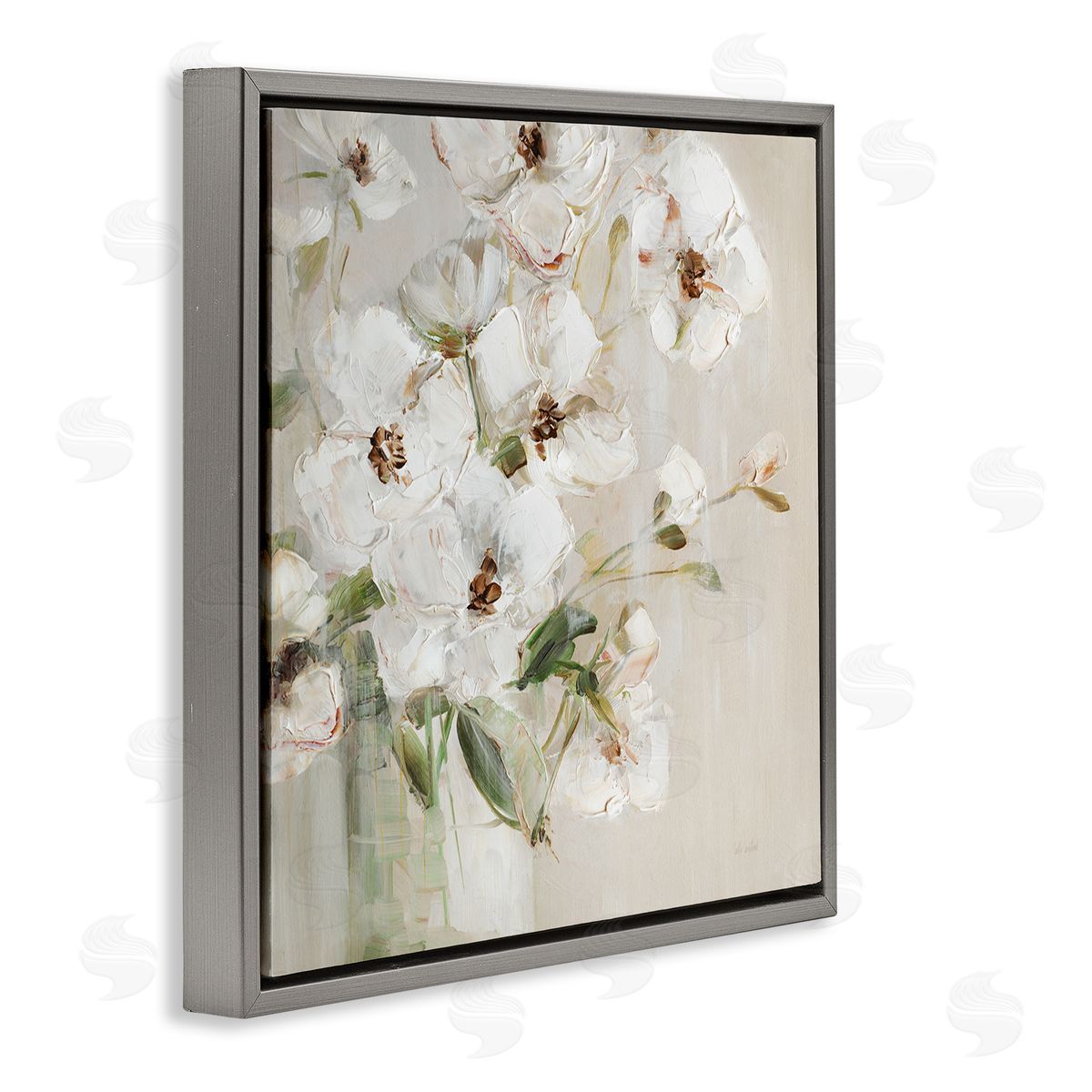 Simple Blossoms on Beige Grey Floating Frame Canvas Wall Art, Home Decor by Sally Swatland