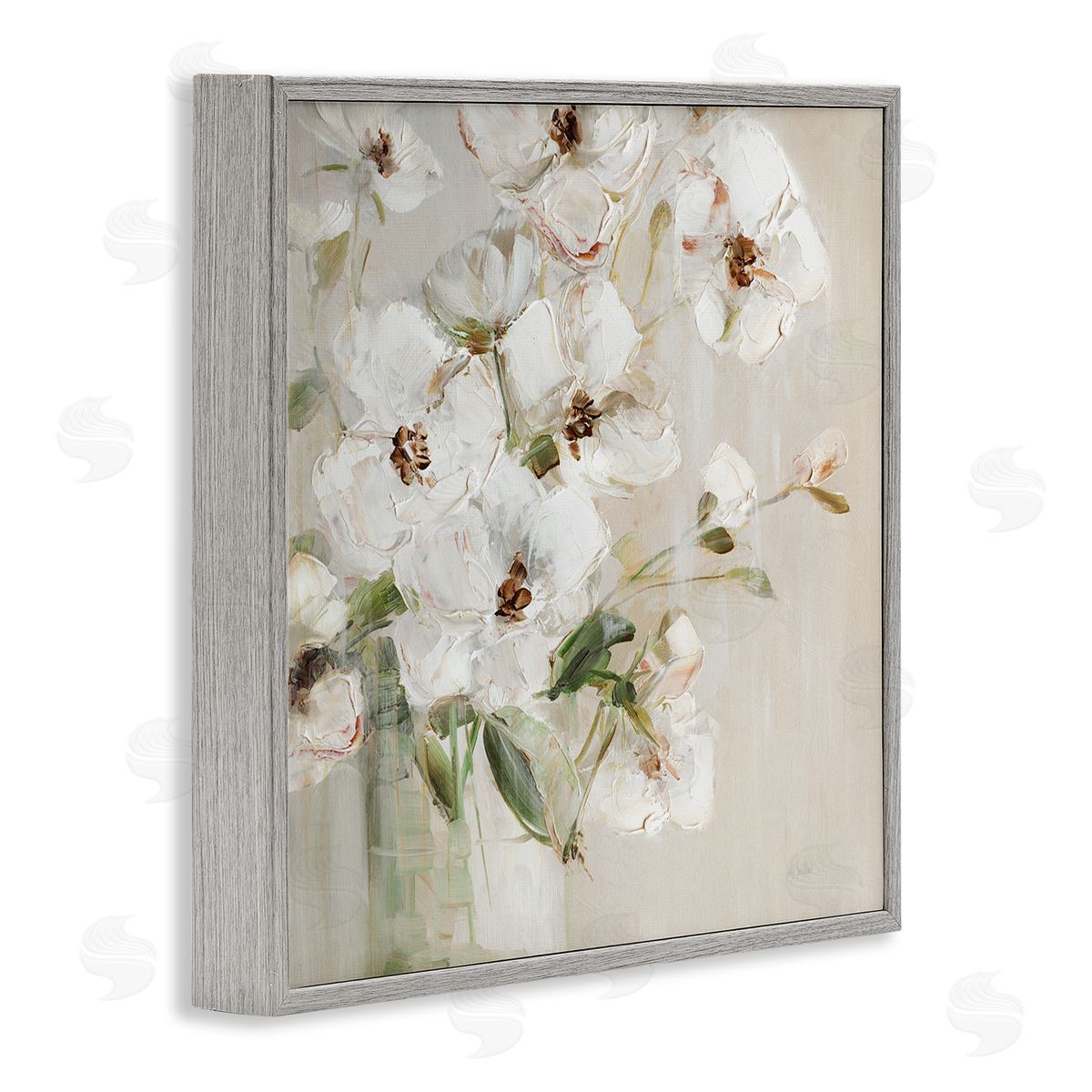 Simple Blossoms on Beige Grey Frame Print Wall Art, Home Decor by Sally Swatland