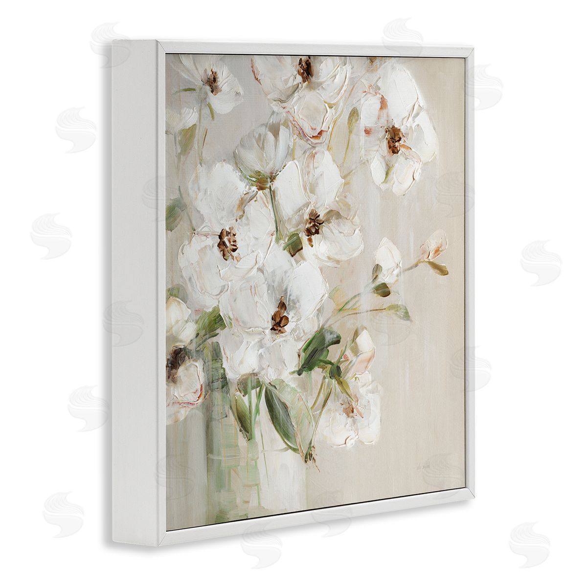 Simple Blossoms on Beige White Frame Print Wall Art, Home Decor by Sally Swatland
