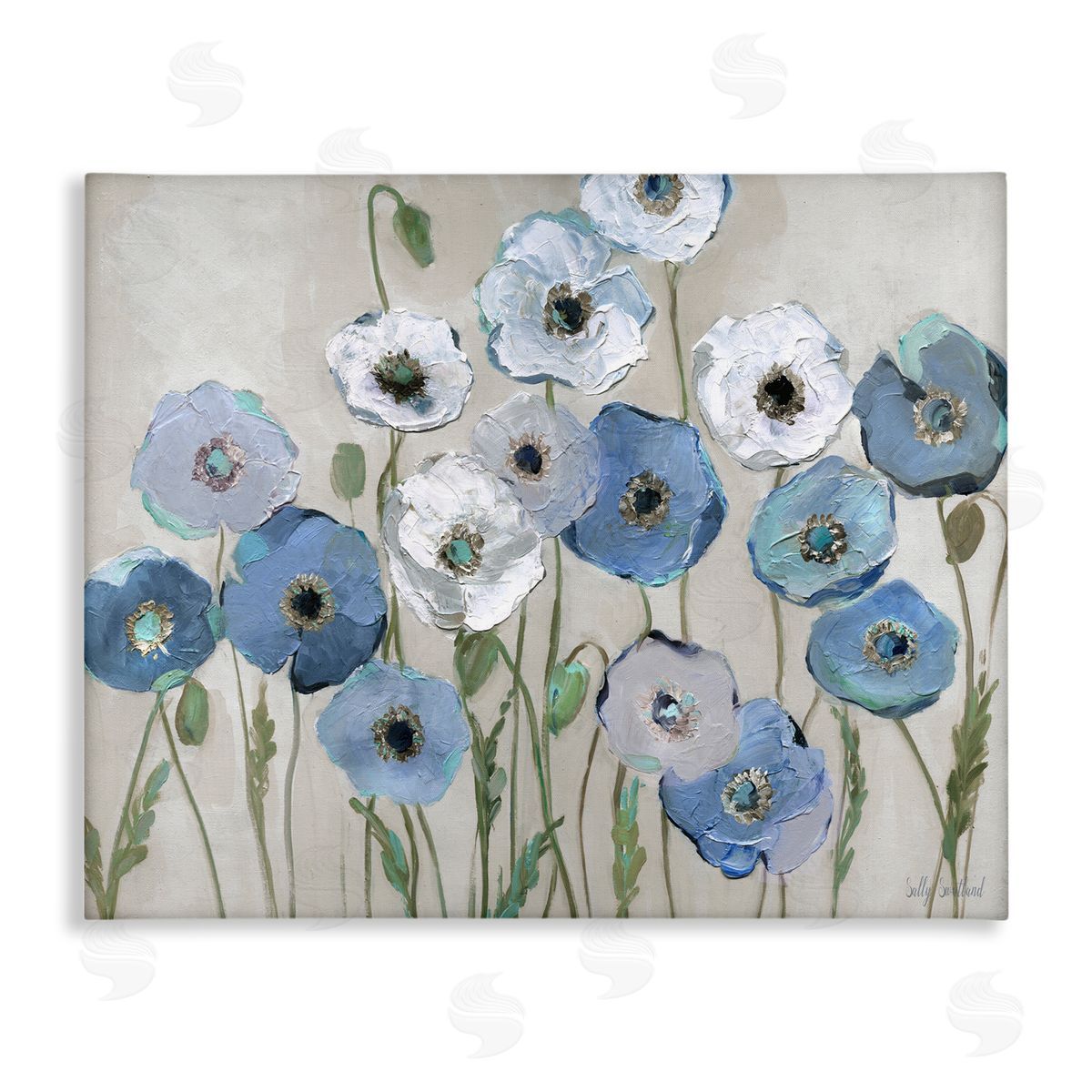 Round Blue & White Poppies Canvas Wall Art, Home Decor by Sally Swatland