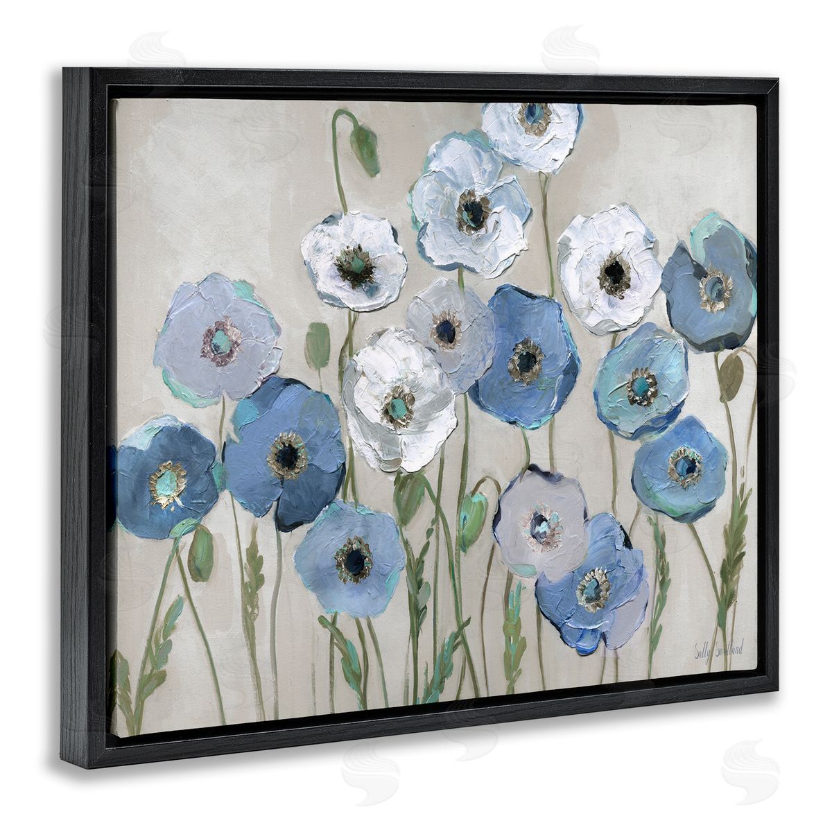 Round Blue & White Poppies Black Floating Frame Canvas Wall Art, Home Decor by Sally Swatland