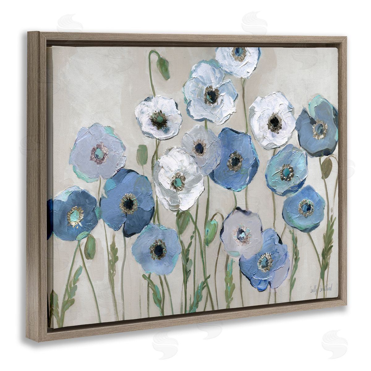 Round Blue & White Poppies Brown Floating Frame Canvas Wall Art, Home Decor by Sally Swatland