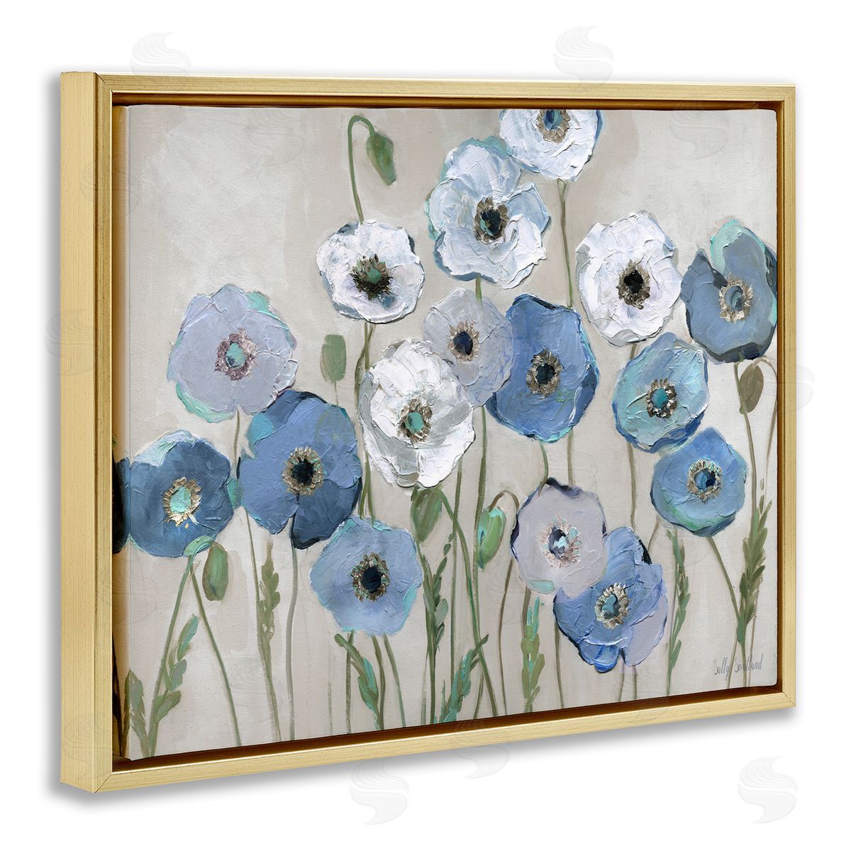 Round Blue & White Poppies Gold Floating Frame Canvas Wall Art, Home Decor by Sally Swatland