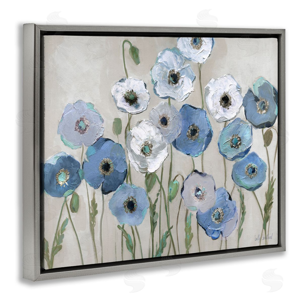 Round Blue & White Poppies Grey Floating Frame Canvas Wall Art, Home Decor by Sally Swatland