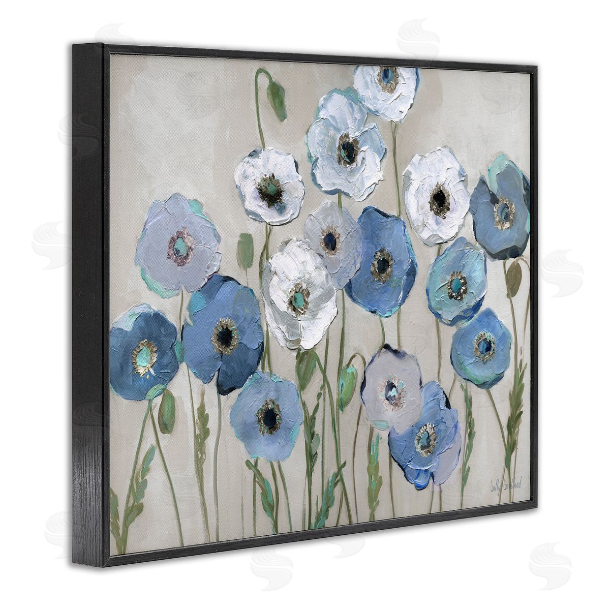Round Blue & White Poppies Black Frame Print Wall Art, Home Decor by Sally Swatland
