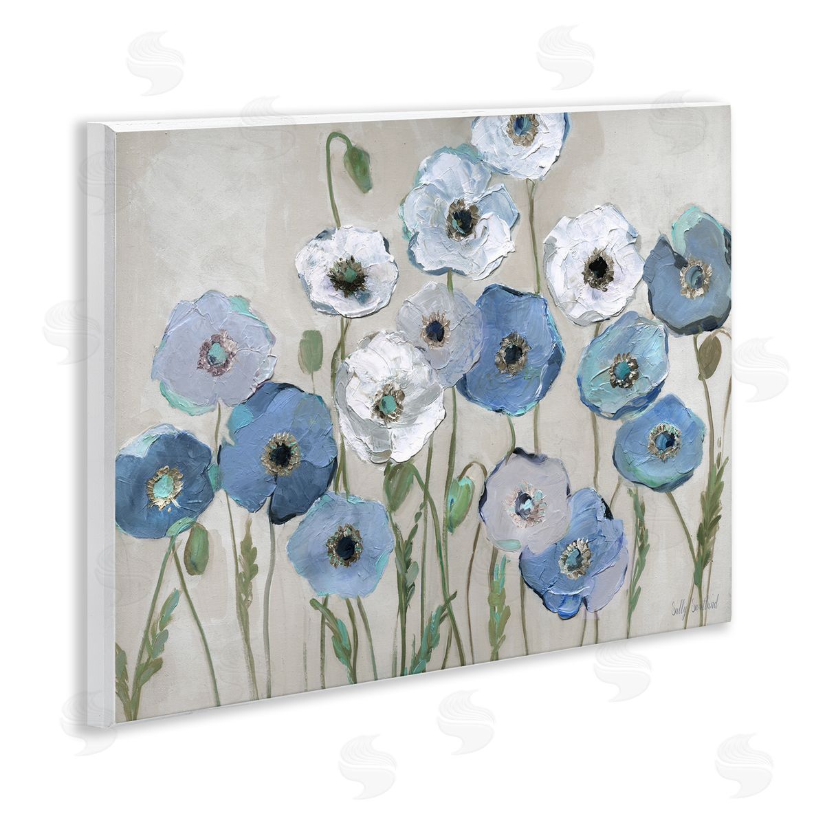 Round Blue & White Poppies Wood Plaque Wall Art, Home Decor by Sally Swatland